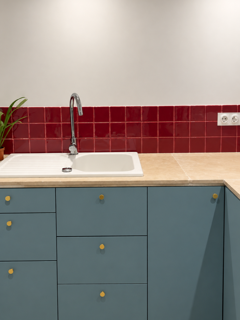 Kitchenette Leroy Merlin Vienne Iceberg avec crédence en zellige bordeaux